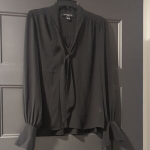 French Connection Black Tie Front Blouse with Mandarin Collar